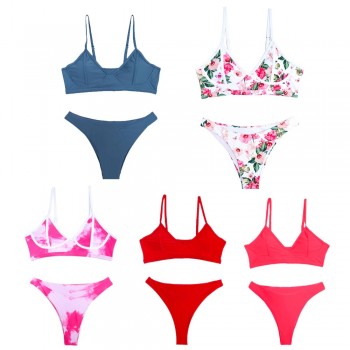 Sexy Solid/Floral/Tie Dye Thong Brazilian Push Up Bikini Set 2021 Swimsuit Women Swimwear Beach Wear Swim Bathing Suit Beachwear